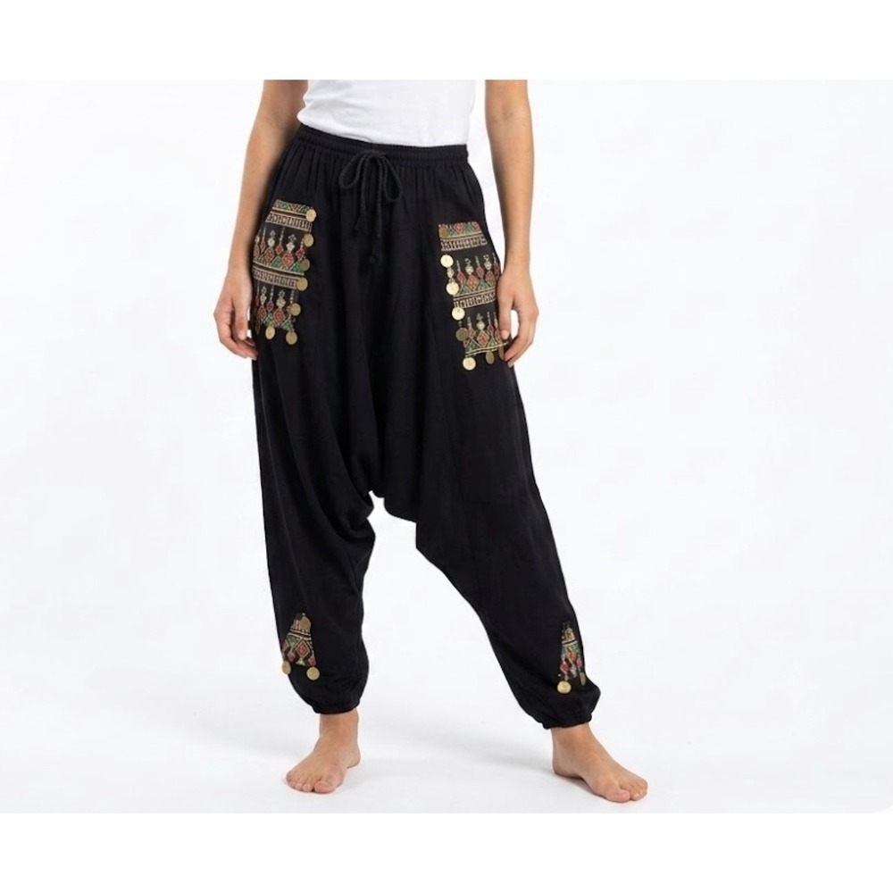 Harem Pants Women S Black Embroidered Coin Drop Crotch Elastic Drawstring Boho